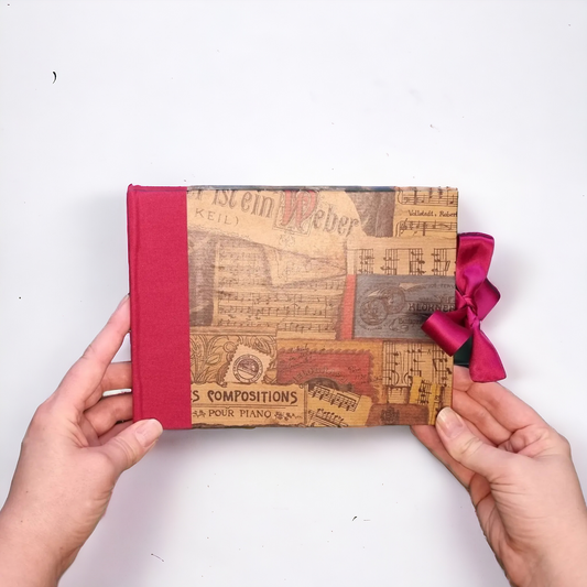 Handmade A5 Landscape Sketchbook | 120gsm Paper | Beautiful Music Sheet Design with Burgundy Silk Ribbon Closure