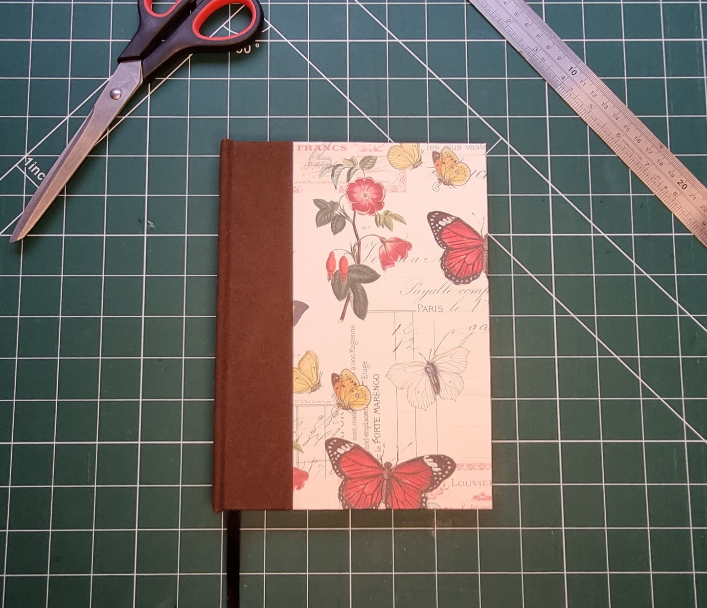 Handmade A5 Notebook with Brown Recycled Blank Pages | Parisian Design with Butterflies | Black Ribbon Bookmark