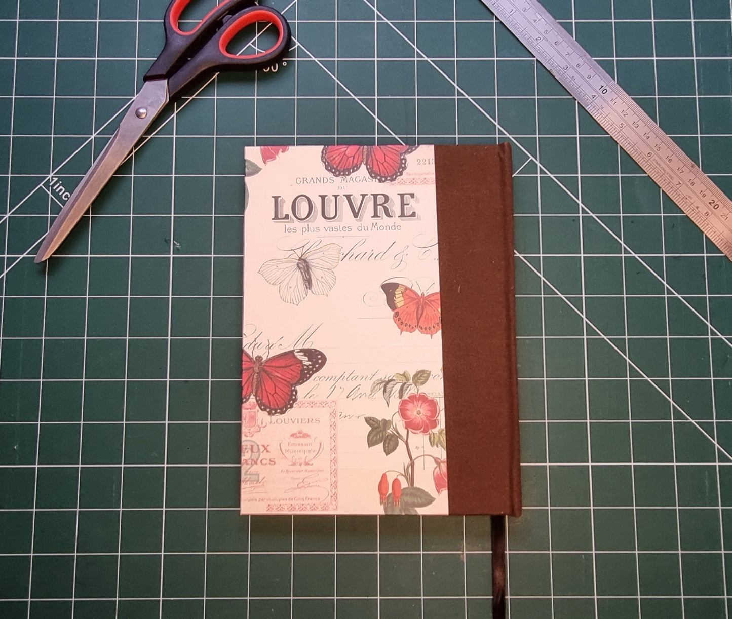 Handmade A5 Notebook with Brown Recycled Blank Pages | Parisian Design with Butterflies | Black Ribbon Bookmark