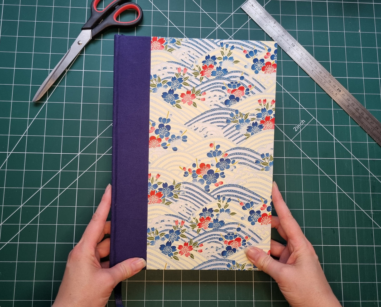 Handmade A4 Sketchbook | 120gsm Paper | Chiyogami Waves Design with Ribbon Bookmark