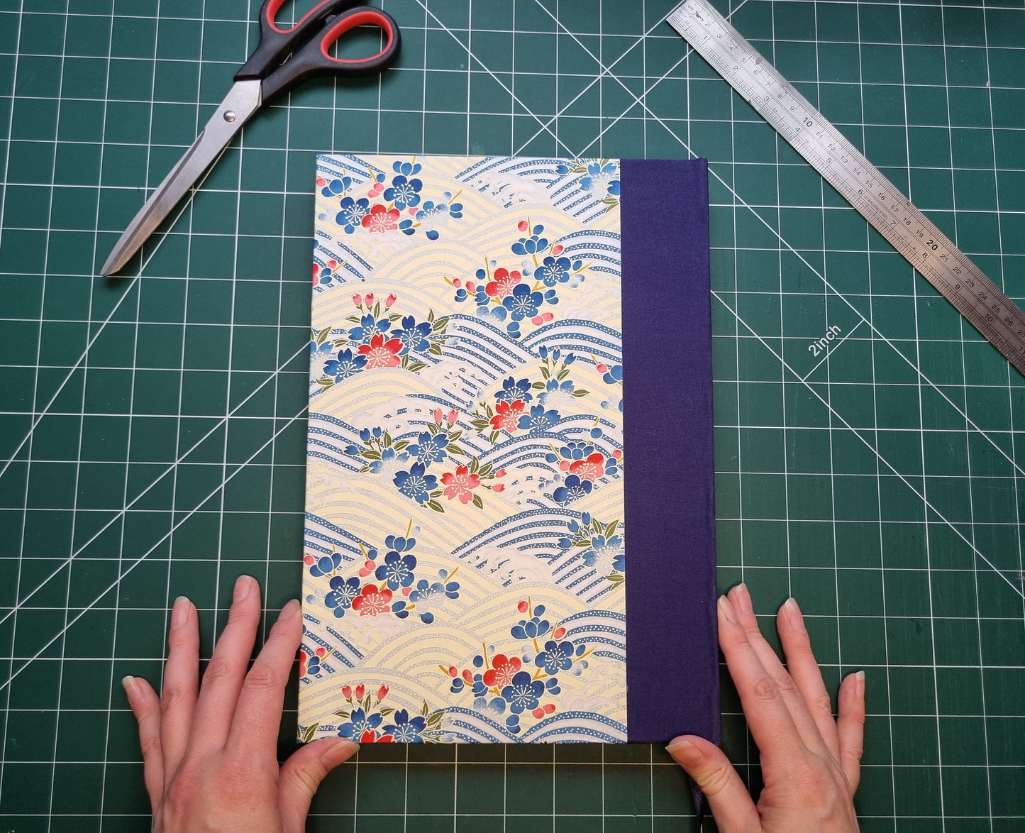 Handmade A4 Sketchbook | 120gsm Paper | Chiyogami Waves Design with Ribbon Bookmark